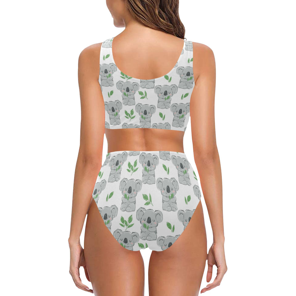 Hand drawn Koala leaves pattern Chest Bowknot High Waisted Bikini Swimsuit