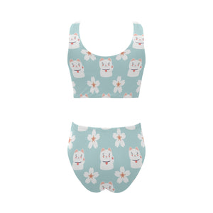 Maneki neko cat sakura Chest Bowknot High Waisted Bikini Swimsuit