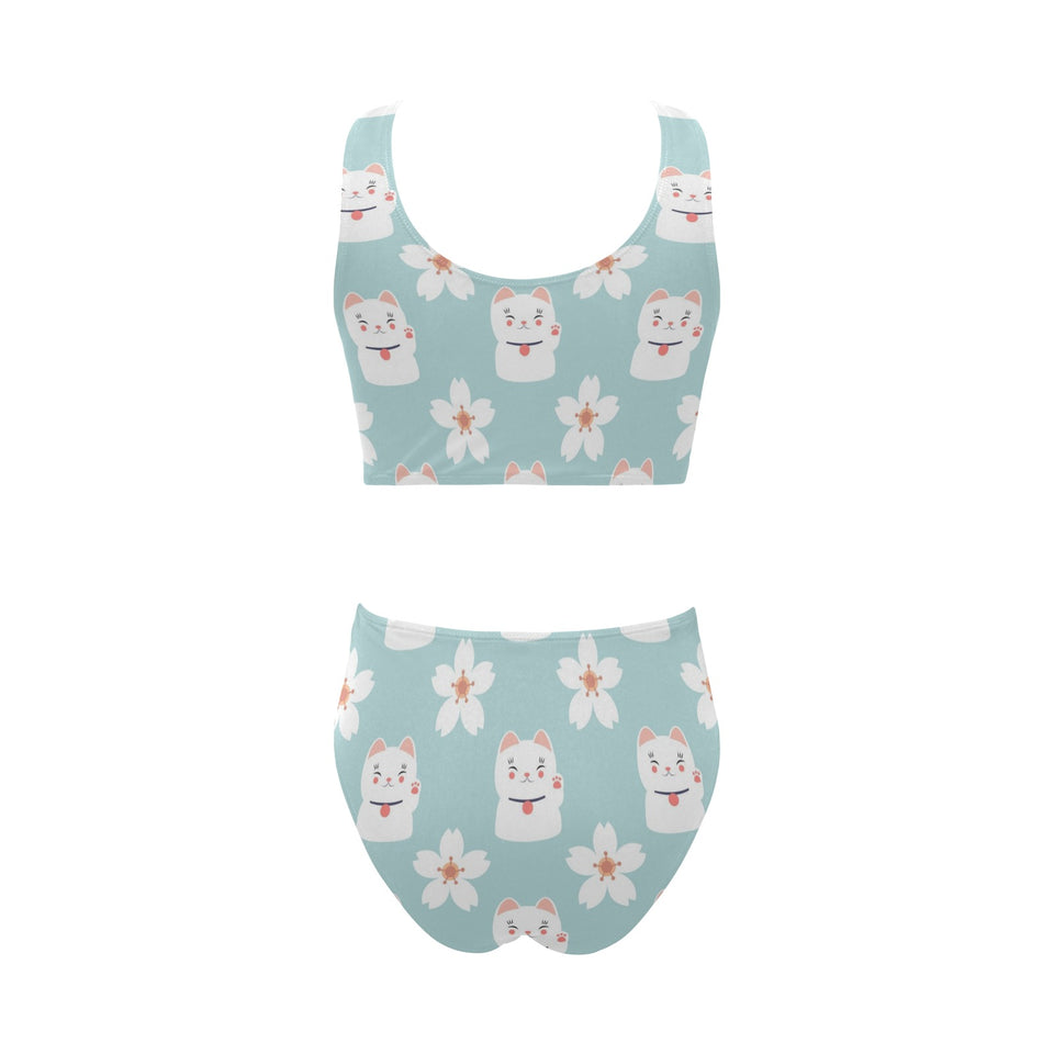 Maneki neko cat sakura Chest Bowknot High Waisted Bikini Swimsuit