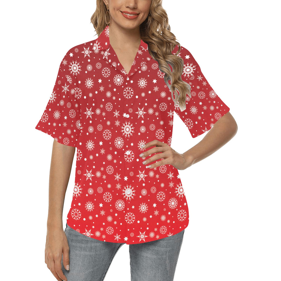 Snowflake pattern red background Women's All Over Print Hawaiian Shirt