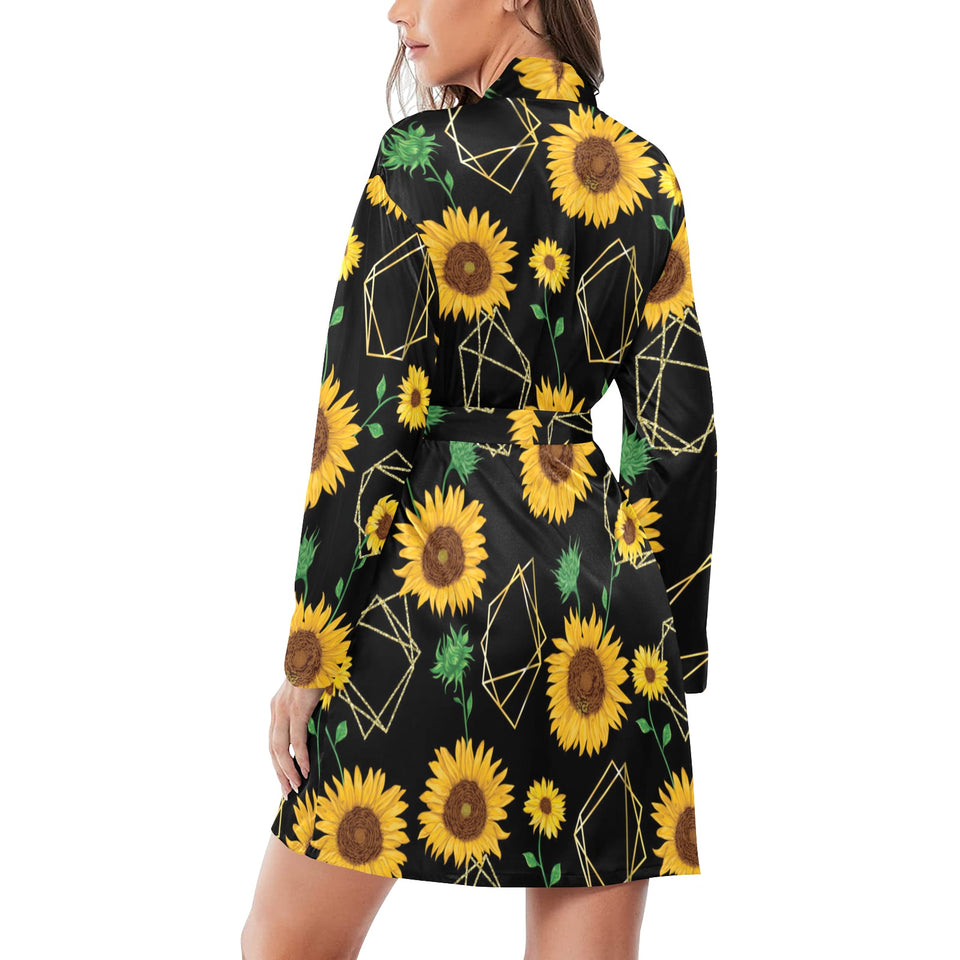 sunflower golden polygonal shapes Women's Long Sleeve Belted Night Robe