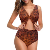 cacao beans tribal polynesian pattern Chest Bowknot High Waisted Bikini Swimsuit