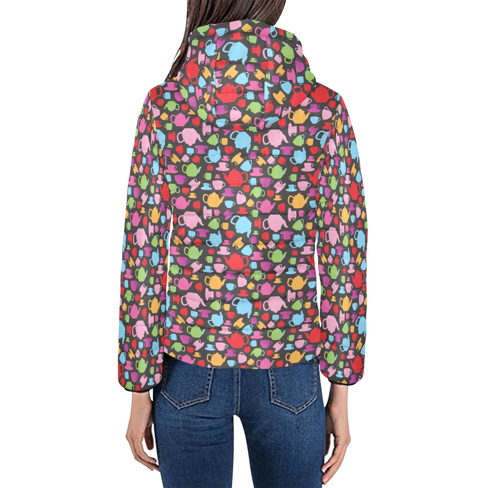 Tea pots Pattern Print Design 01 Women's Padded Hooded Jacket