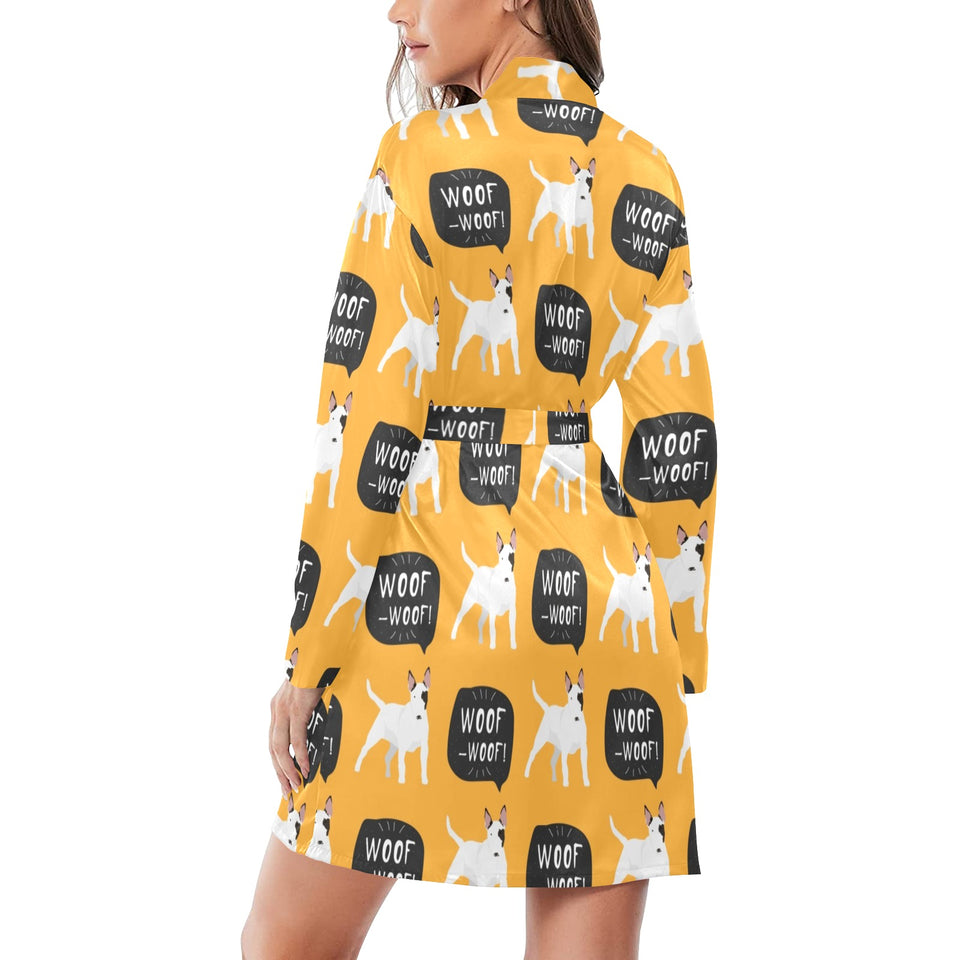 Bull Terrier Pattern Print Design 03 Women's Long Sleeve Belted Night Robe