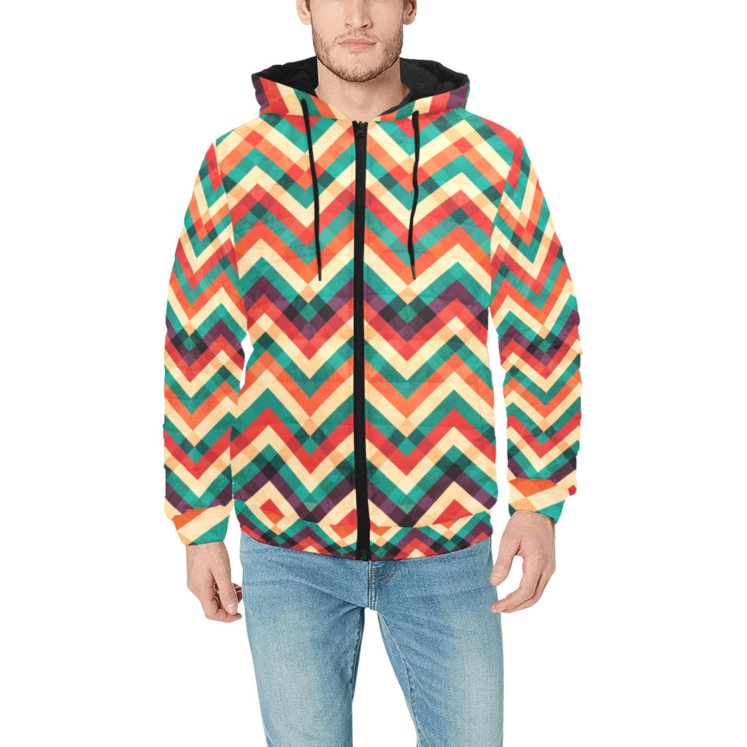 zigzag chevron colorful pattern Men's Padded Hooded Jacket