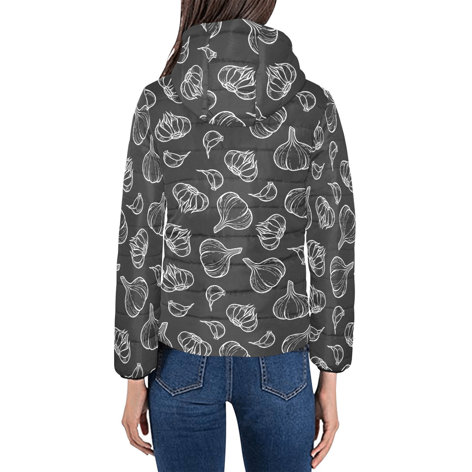 Garlic pattern black background Women's Padded Hooded Jacket