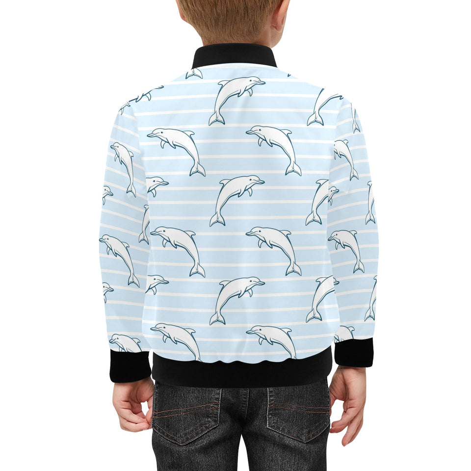 Dolphin blue striped background Kids' Boys' Girls' Bomber Jacket
