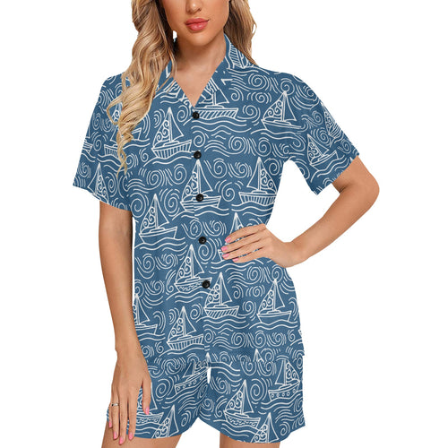 Hand drawn sailboat pattern Women's V-Neck Short Pajama Set