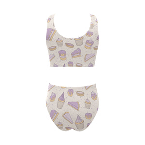 Cakes pies tarts muffins and eclairs purple bluebe Chest Bowknot High Waisted Bikini Swimsuit
