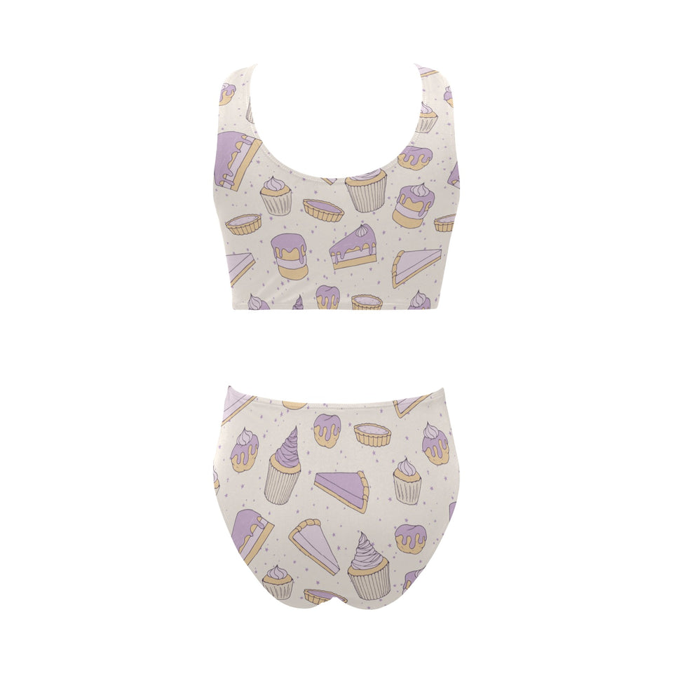 Cakes pies tarts muffins and eclairs purple bluebe Chest Bowknot High Waisted Bikini Swimsuit