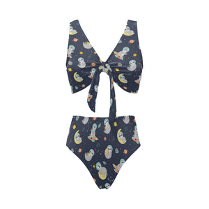 Cute sloth astronaut star planet rocket pattern Chest Bowknot High Waisted Bikini Swimsuit