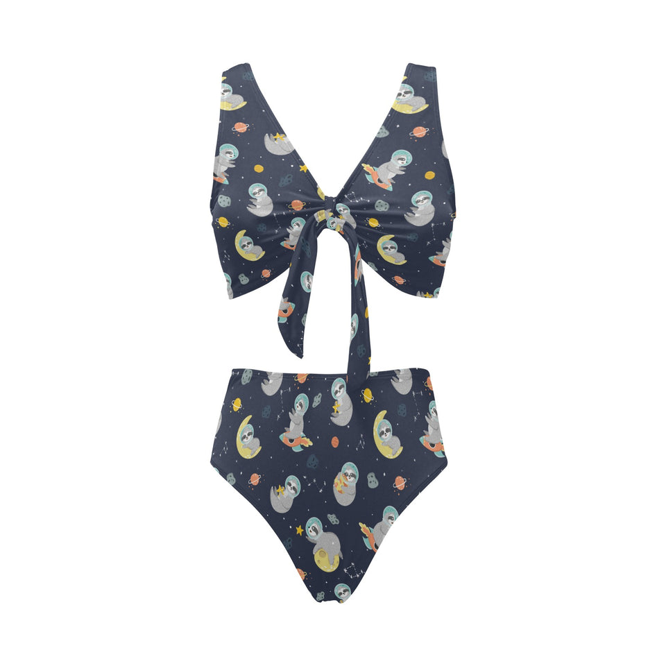 Cute sloth astronaut star planet rocket pattern Chest Bowknot High Waisted Bikini Swimsuit