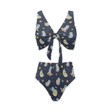 Cute sloth astronaut star planet rocket pattern Chest Bowknot High Waisted Bikini Swimsuit