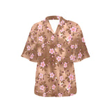 Pink sakura cherry blossom drak brown background Women's All Over Print Hawaiian Shirt