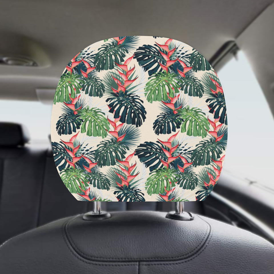 heliconia flowers, palm and monstera leaves Car Headrest Cover