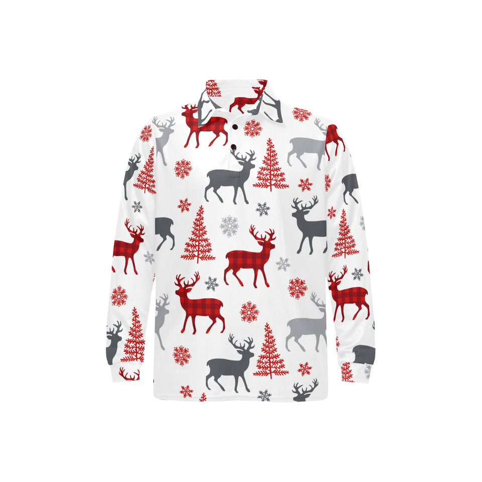 Deer tree snowflakes chrismas pattern Men's Long Sleeve Polo Shirt