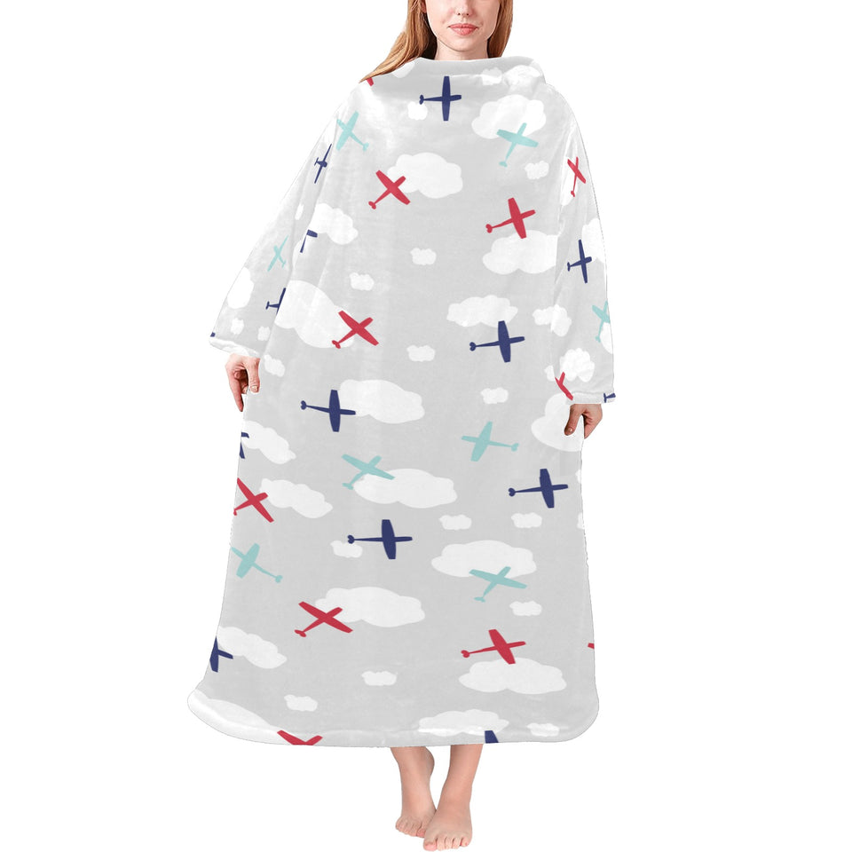 Airplane cloud grey background Blanket Robe with Sleeves