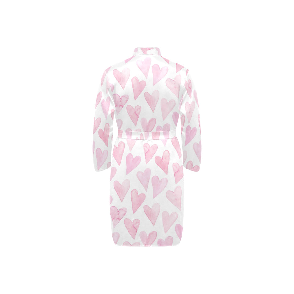 Watercolor pink heart pattern Men's Long Sleeve Belted Night Robe