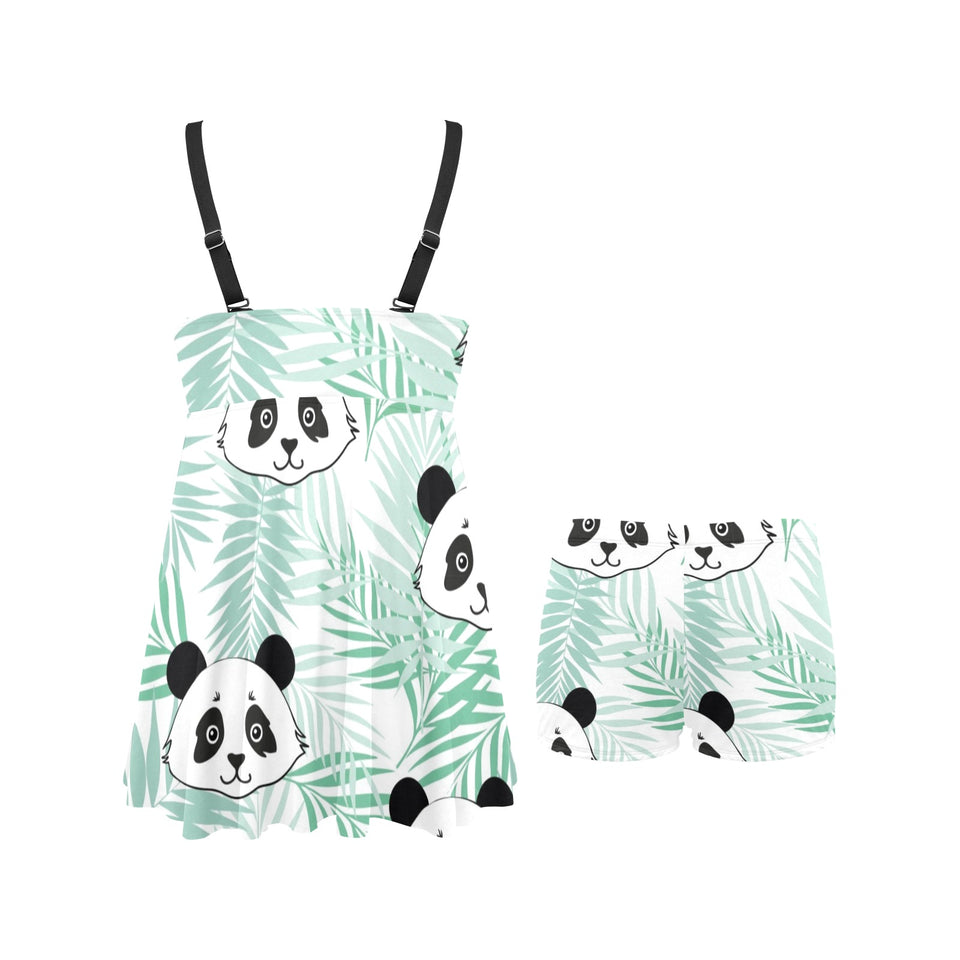 Panda pattern tropical leaves background Chest Sexy Pleated Two Piece Swim Dress