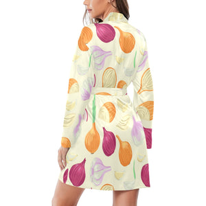 Onion garlic white red pattern Women's Long Sleeve Belted Night Robe