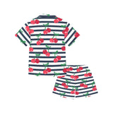 Hand drawn cherry pattern striped background Kids' Boys' Girls' V-Neck Short Pajama Set