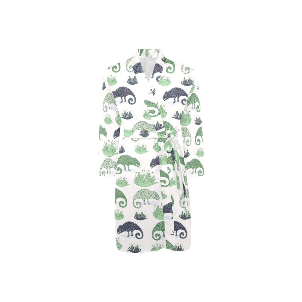 Chameleon lizard succulent plant pattern Men's Long Sleeve Belted Night Robe
