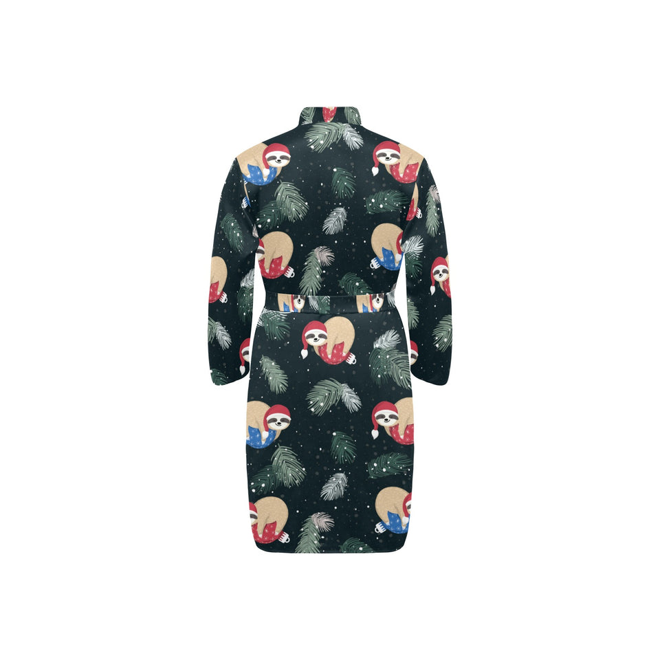 Cute sloths sleeping christmas ball santa hat patt Men's Long Sleeve Belted Night Robe