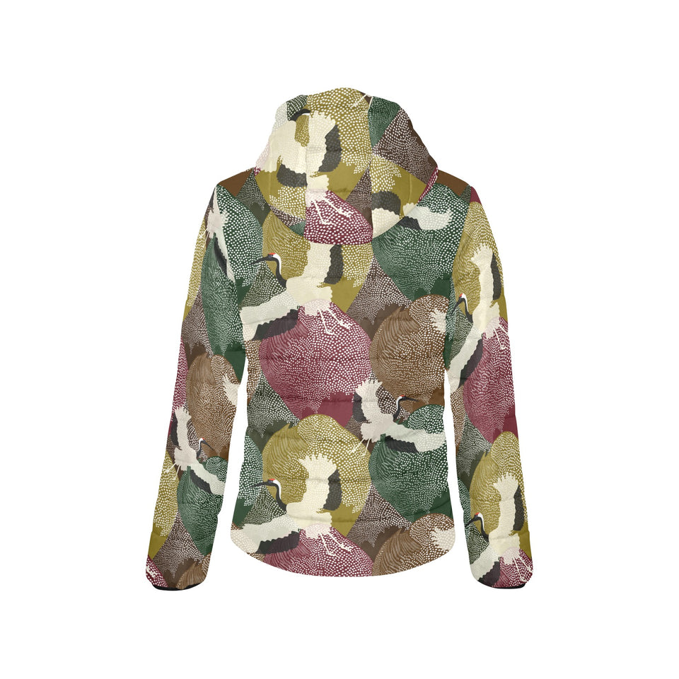 Japanese cranes flying forest dot pattern Women's Padded Hooded Jacket