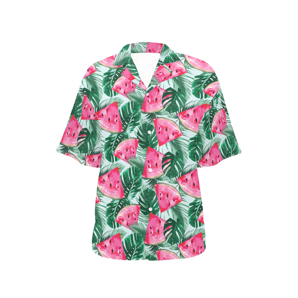 Watermelons tropical palm leaves pattern Women's All Over Print Hawaiian Shirt