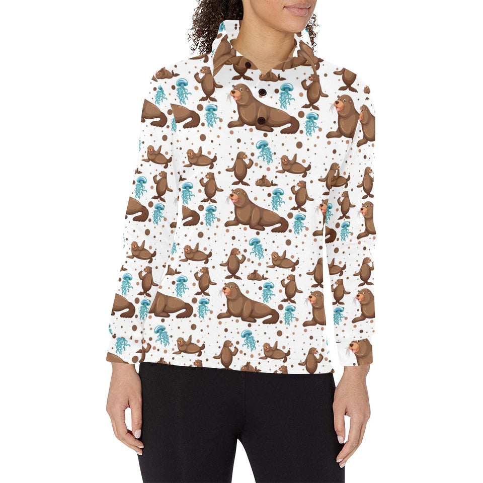 sea lion Seals jellyfish pattern Women's Long Sleeve Polo Shirt