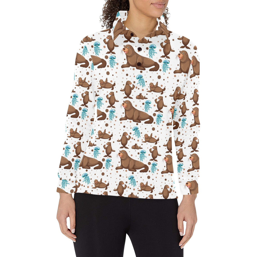 sea lion Seals jellyfish pattern Women's Long Sleeve Polo Shirt