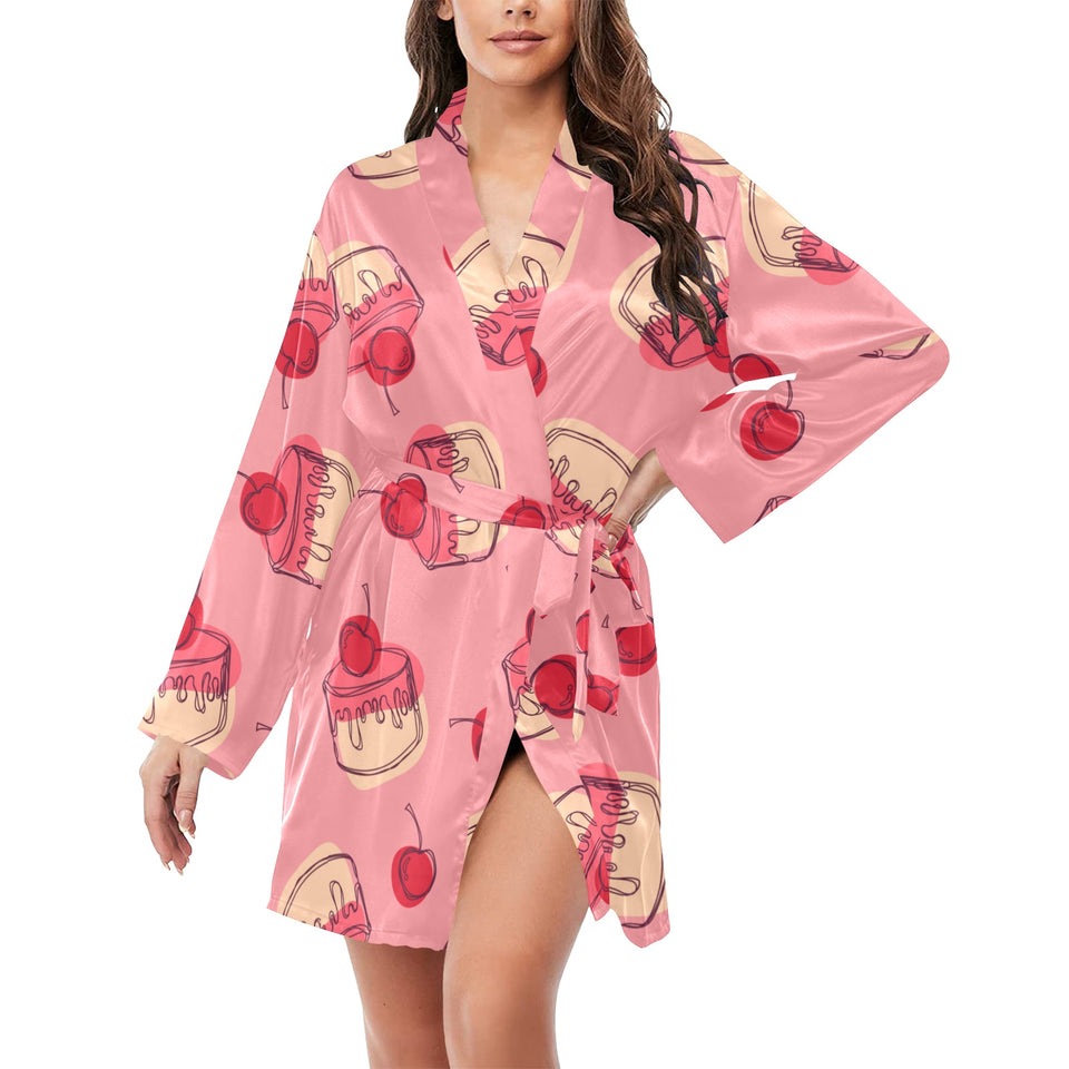 Cake cherry pattern Women's Long Sleeve Belted Night Robe