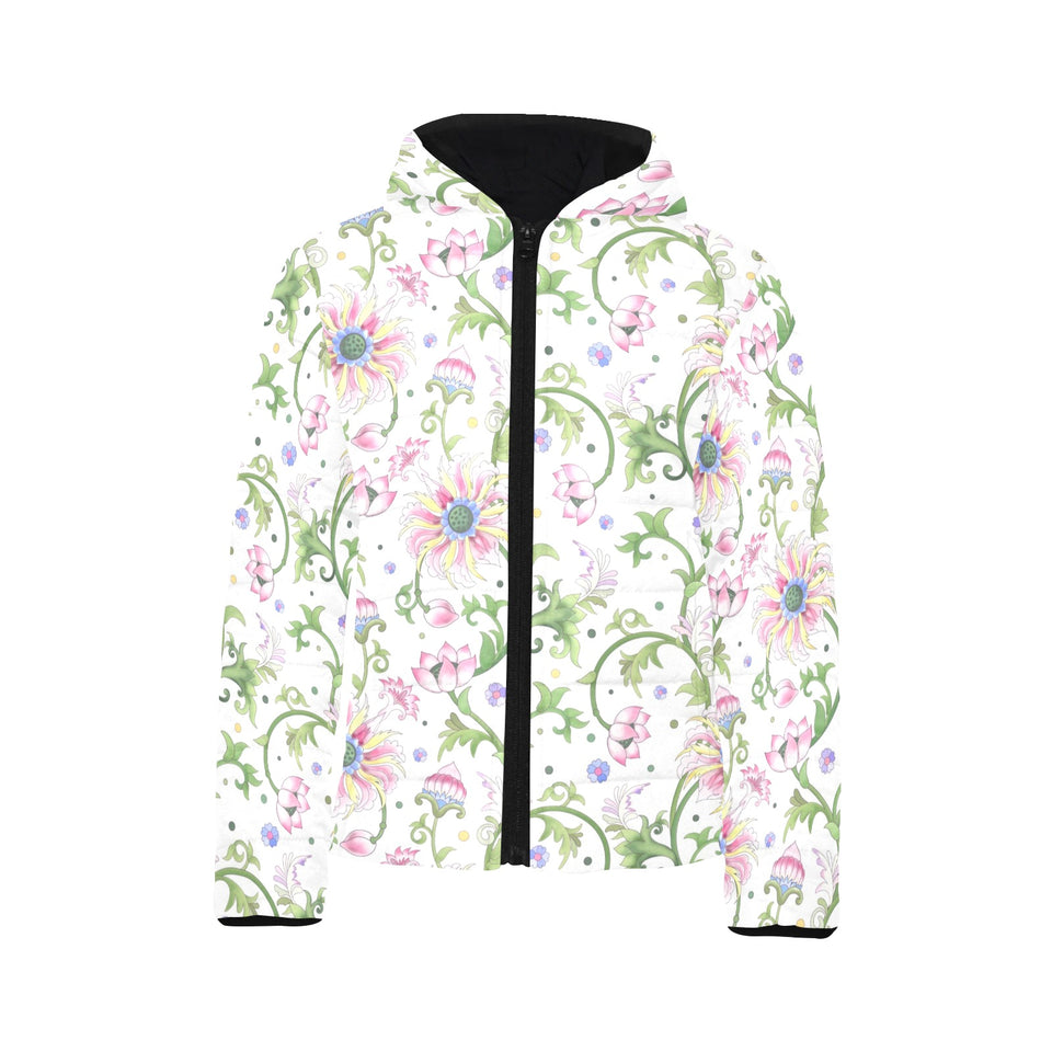 Beautiful pink lotus waterlily leaves pattern Kids' Boys' Girls' Padded Hooded Jacket