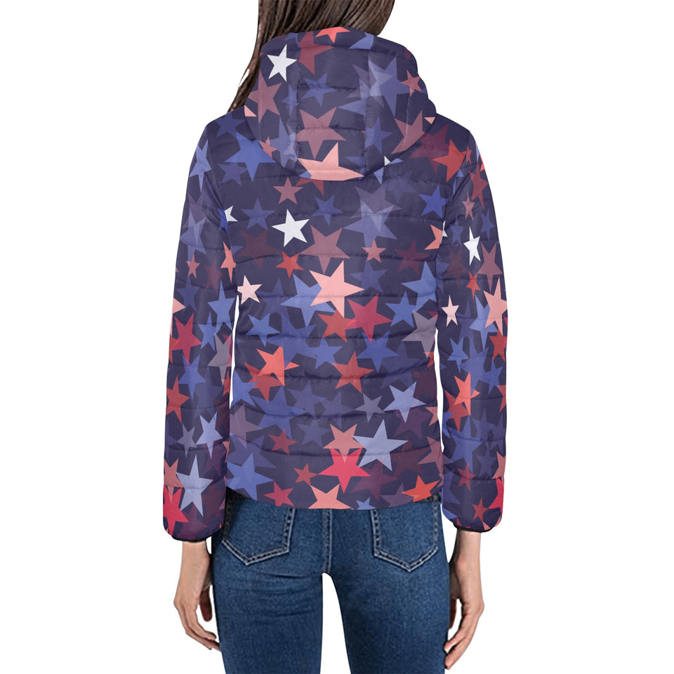 Red blue star pattern Women's Padded Hooded Jacket