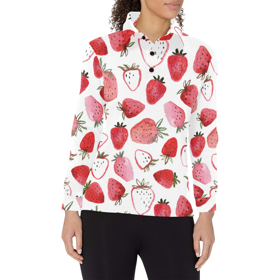 watercolor hand drawn beautiful strawberry pattern Women's Long Sleeve Polo Shirt