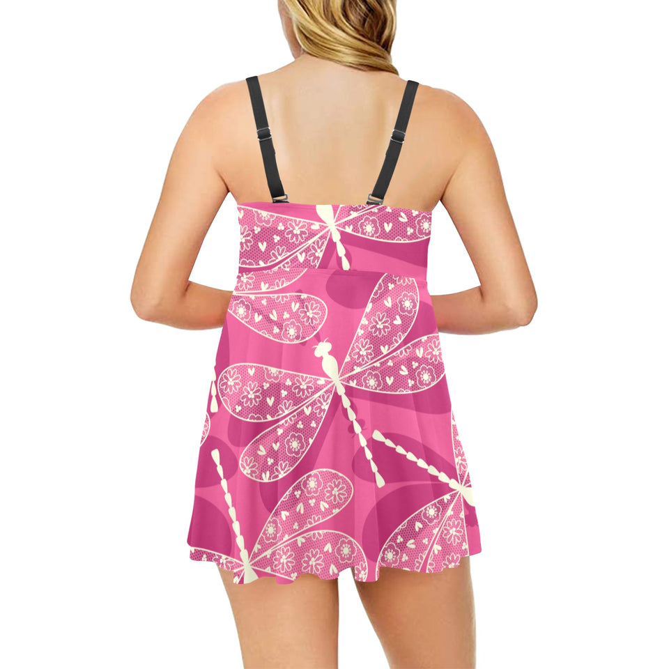 Beautiful dragonfly pink background Chest Sexy Pleated Two Piece Swim Dress