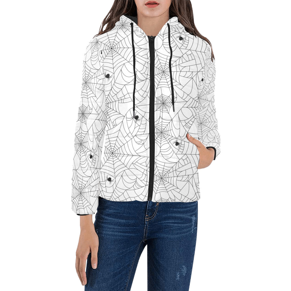 Spider web cobweb pattern white background Women's Padded Hooded Jacket
