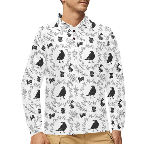 Crows floral wreath rabbit pattern Men's Long Sleeve Polo Shirt