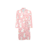 Cute white rabbit flower pink background Men's Long Sleeve Belted Night Robe
