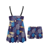 Blue japanese pattern cloud wave flower Chest Sexy Pleated Two Piece Swim Dress