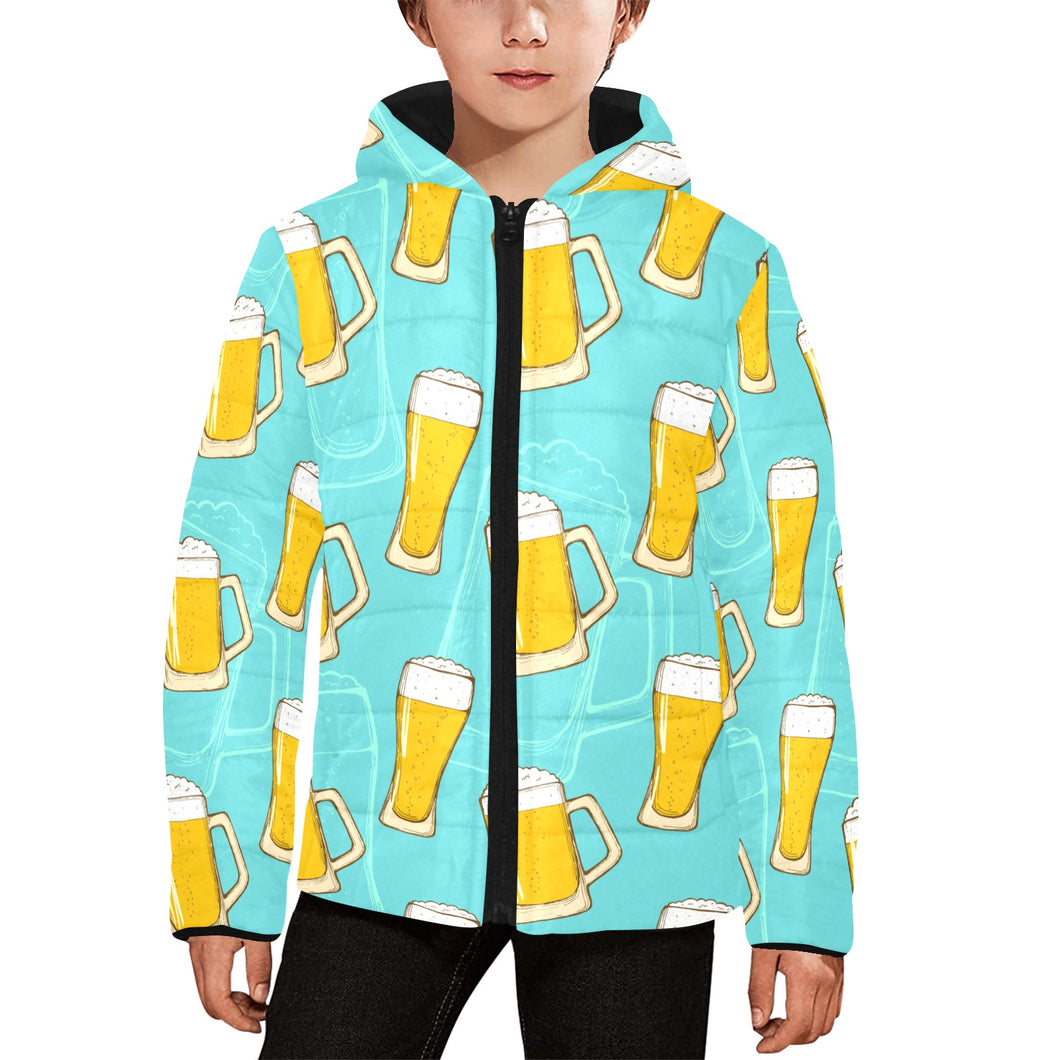 Beer pattern green background Kids' Boys' Girls' Padded Hooded Jacket