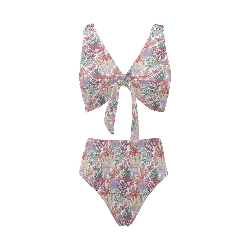 Coral Reef Pattern Print Design 03 Chest Bowknot High Waisted Bikini Swimsuit