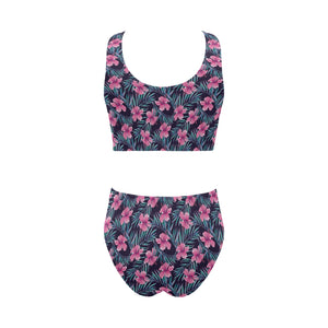 Hibiscus Pattern Print Design 05 Chest Bowknot High Waisted Bikini Swimsuit
