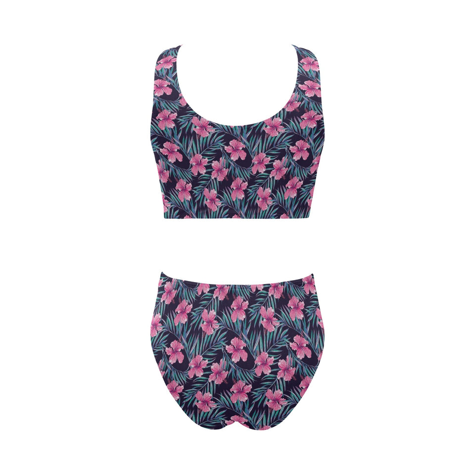 Hibiscus Pattern Print Design 05 Chest Bowknot High Waisted Bikini Swimsuit