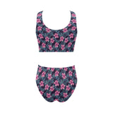 Hibiscus Pattern Print Design 05 Chest Bowknot High Waisted Bikini Swimsuit