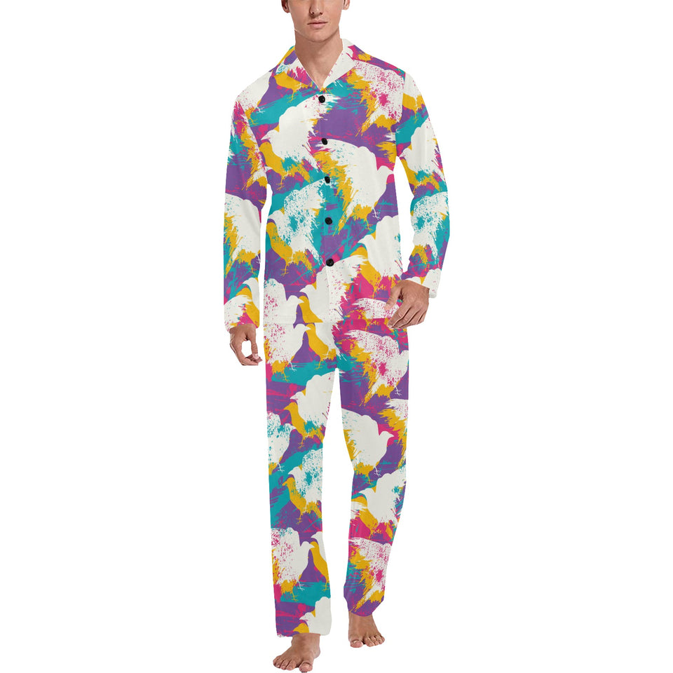 Colorful crow illustration pattern Men's Long Pajama Set