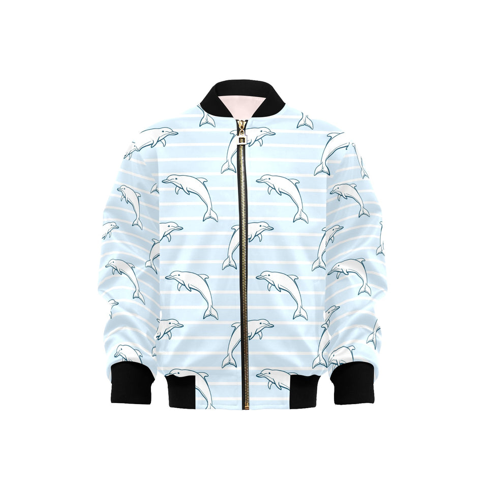 Dolphin blue striped background Kids' Boys' Girls' Bomber Jacket