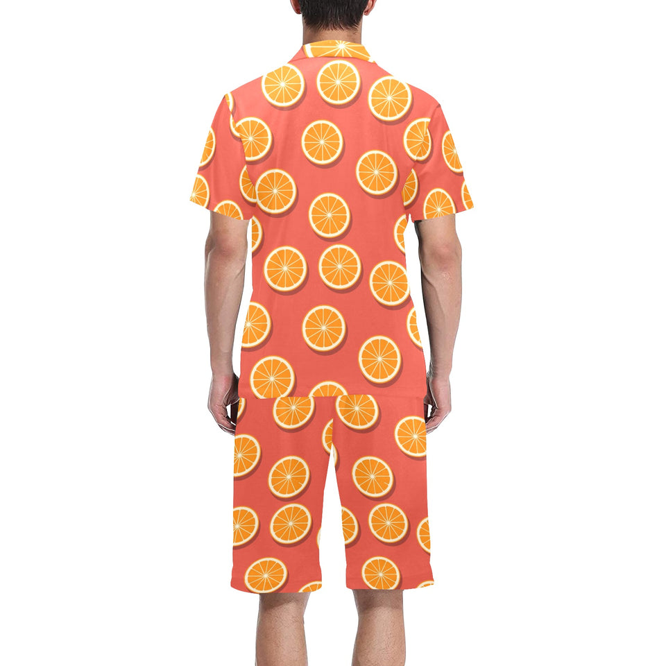 Oranges pattern red background Men's V-Neck Short Pajama Set