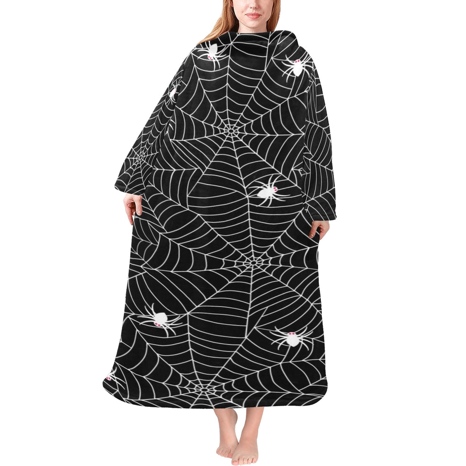 Spider web design pattern Black background white c Blanket Robe with Sleeves