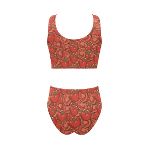 Red Tomato Pattern Chest Bowknot High Waisted Bikini Swimsuit